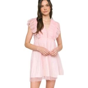 Peasant Dress Large Blue Pink Gingham Ruffled Dress Size Medium Sheer Romantic
